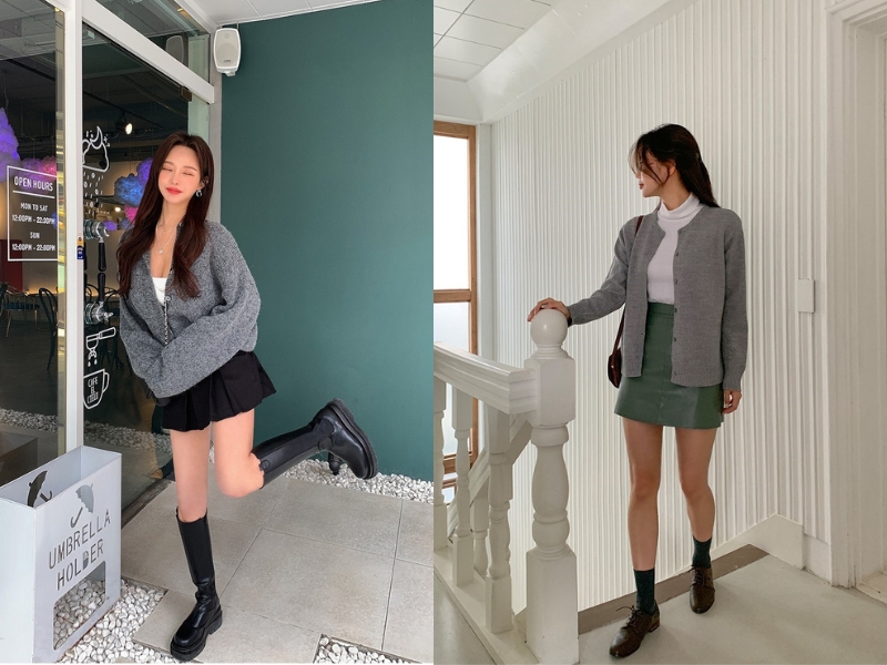 2579248d-phoi-do-voi-ao-cardigan-7 Chân váy ngắn giúp trang phục thêm phần nữ tính (Nguồn: Kooding)
