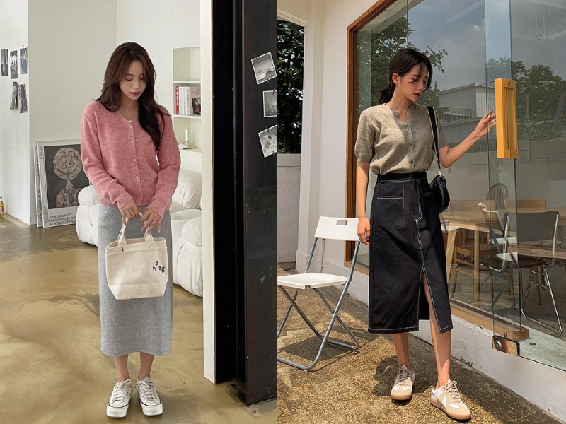 26692001-phoi-do-voi-ao-cardigan-12 Chân váy suông mang lại hiệu quả tôn dáng cao (Nguồn: Kooding)