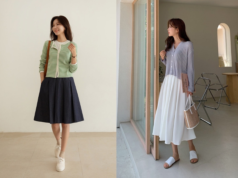 63d9aca6-phoi-do-voi-ao-cardigan-9 Chân váy xòe giúp bạn có trang phục đậm chất Hàn Quốc (Nguồn: Kooding)
