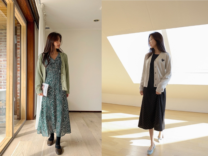 a84b52ac-phoi-do-voi-ao-cardigan-15 Váy liền giúp trang phục nữ tính thêm nhiều lần (Nguồn: Kooding)