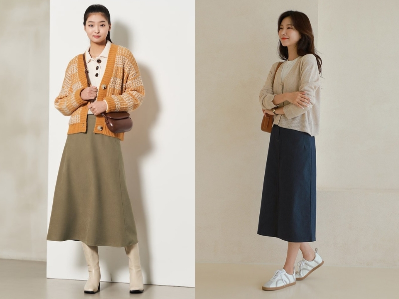 e6d0df70-phoi-do-voi-ao-cardigan-8 Chân váy dài mang lại hiệu quả che khuyết điểm tốt (Nguồn: Kooding)